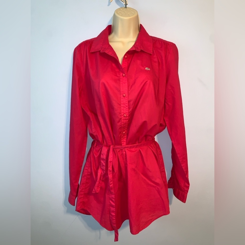Lacoste dark pink Button-Front Tie-Waist Shirt tunic size 40 preppy chic